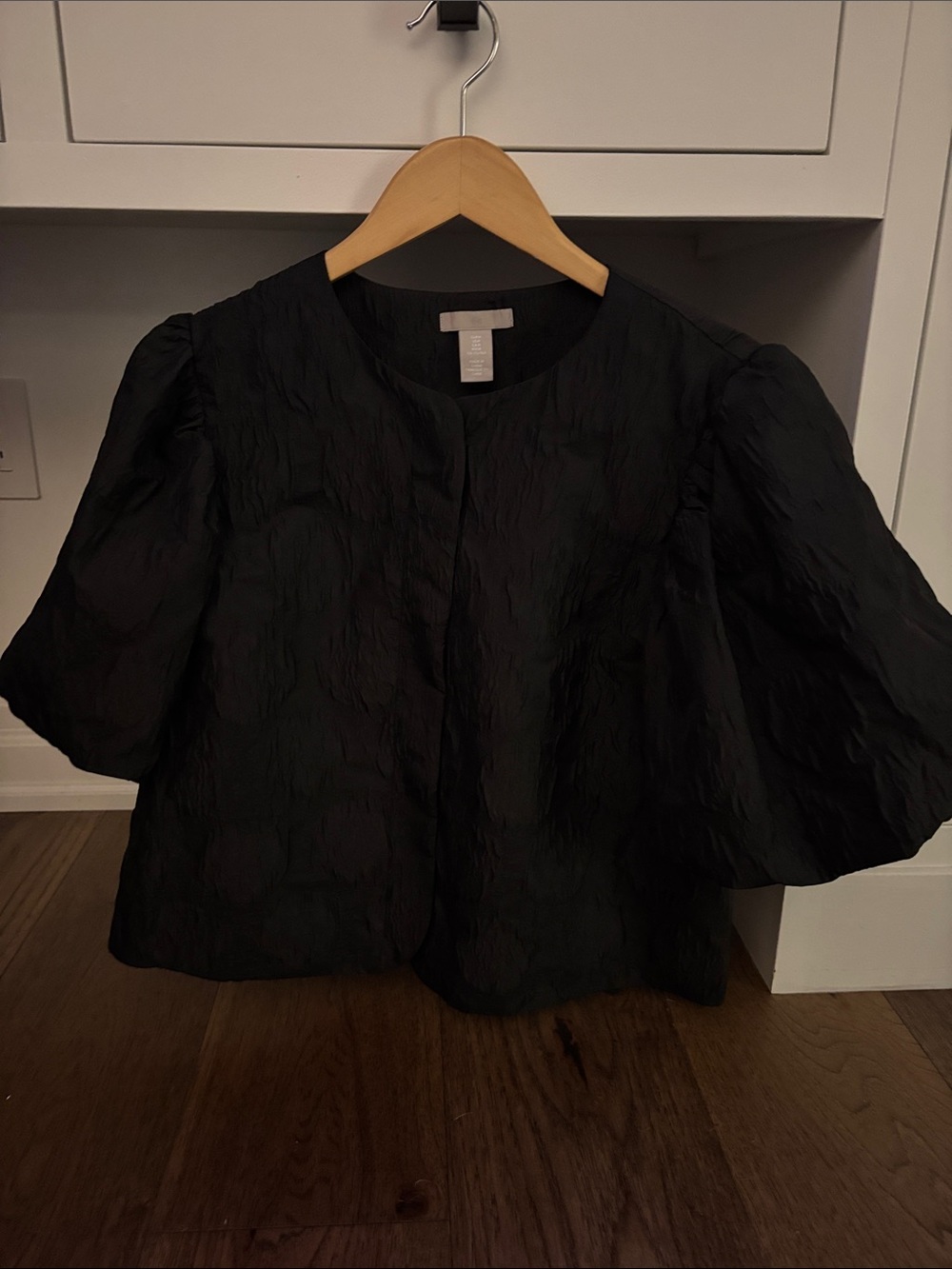 H&M Black Textured Puff Sleeve Blouse